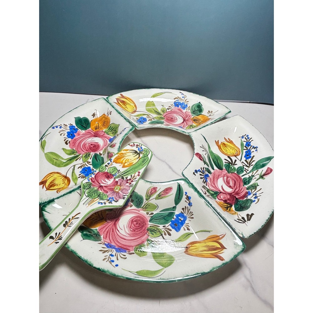 Vintage Italian Hand Painted Floral Fan Plates Serving Set 5pc Made in Italy